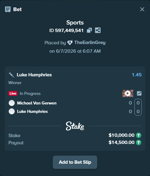 Bet slip: Michael Van Gerwen - Luke Humphries, $10,000.00 stake at 1.45 odds, placed by TheEarlinGrey