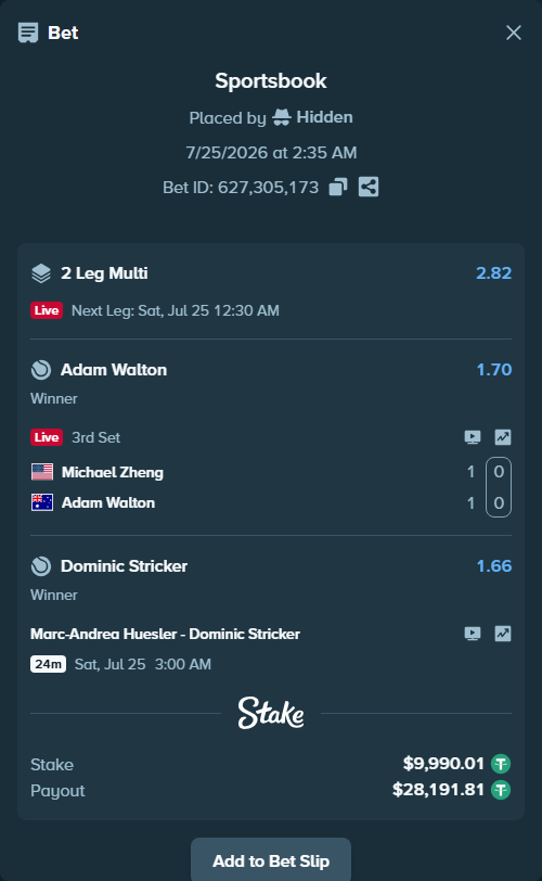 Bet slip: Michael Zheng - Adam Walton, $10,000.00 stake at 1.70 odds, placed by Hidden