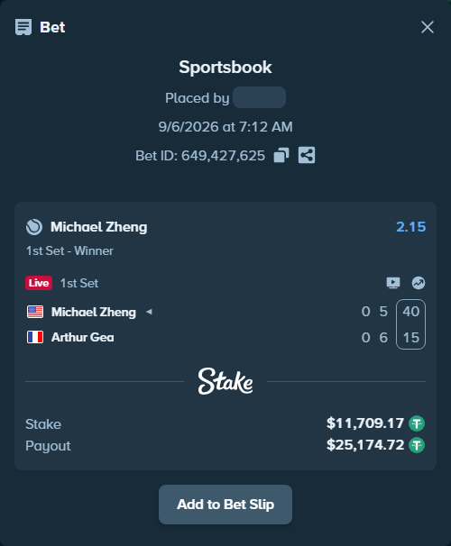 Bet slip: Michael Zheng - Arthur Gea, $11,708.00 stake at 2.15 odds, placed by Elantari36