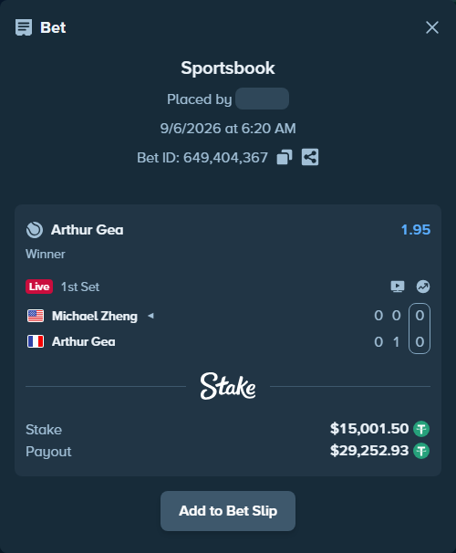 Bet slip: Michael Zheng - Arthur Gea, $15,000.00 stake at 1.95 odds, placed by Mrazova
