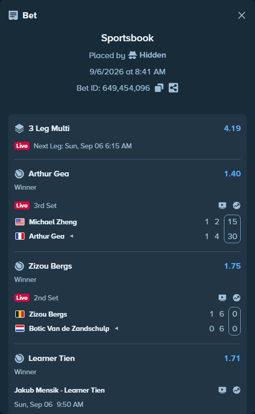 Bet slip: Michael Zheng - Arthur Gea, $74,992.50 stake at 1.40 odds, placed by Hidden