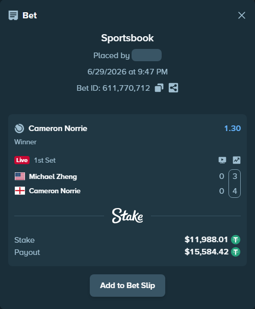 Bet slip: Michael Zheng - Cameron Norrie, $12,000.00 stake at 1.30 odds, placed by Dejf