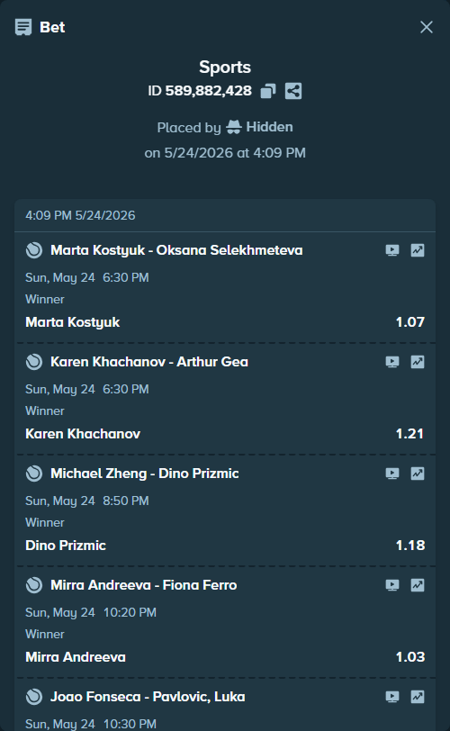 Bet slip: Michael Zheng - Dino Prizmic, $125,000.00 stake at 1.18 odds, placed by Hidden