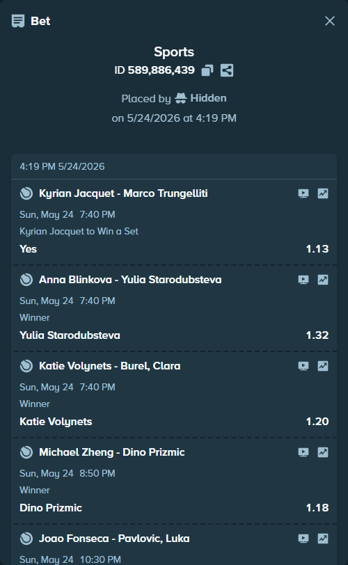 Bet slip: Michael Zheng - Dino Prizmic, $14,296.12 stake at 1.18 odds, placed by Hidden