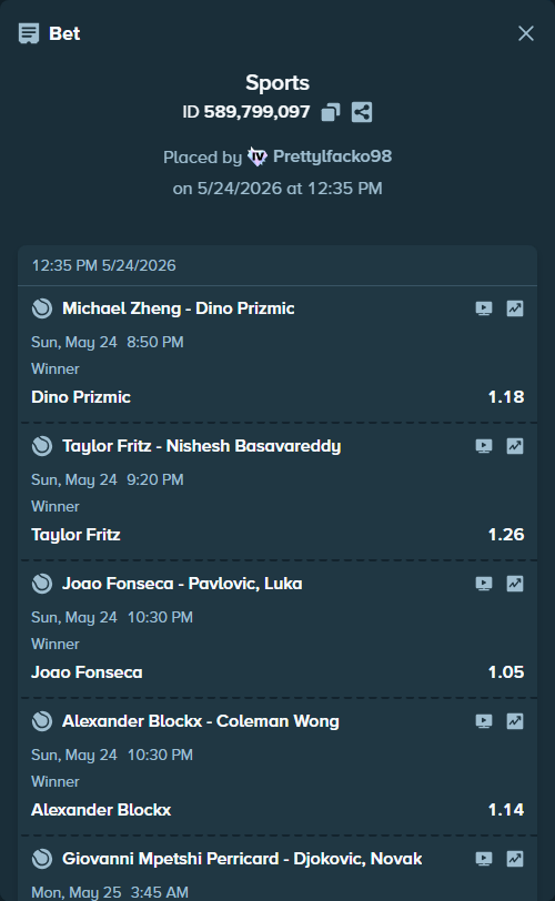 Bet slip: Michael Zheng - Dino Prizmic, $13,385.96 stake at 1.18 odds, placed by Prettylfacko98