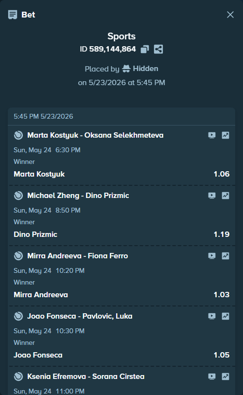 Bet slip: Michael Zheng - Dino Prizmic, $30,442.84 stake at 1.19 odds, placed by Hidden