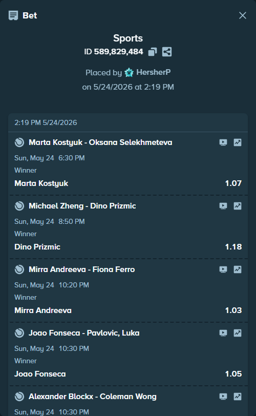 Bet slip: Michael Zheng - Dino Prizmic, $50,737.09 stake at 1.18 odds, placed by HersherP