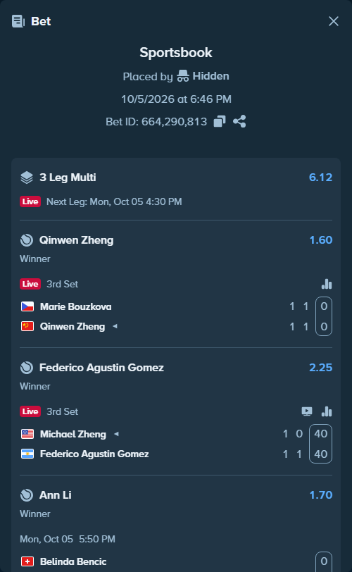 Bet slip: Michael Zheng - Federico Agustin Gomez, $20,000.00 stake at 2.25 odds, placed by Hidden