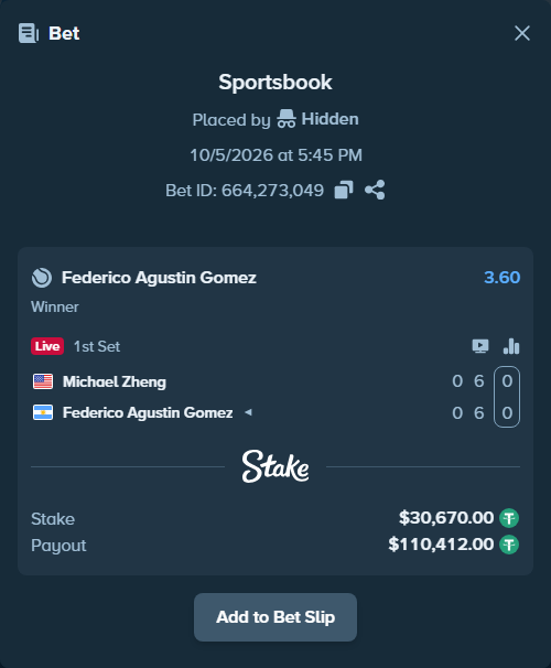 Bet slip: Michael Zheng - Federico Agustin Gomez, $30,670.00 stake at 3.60 odds, placed by Hidden