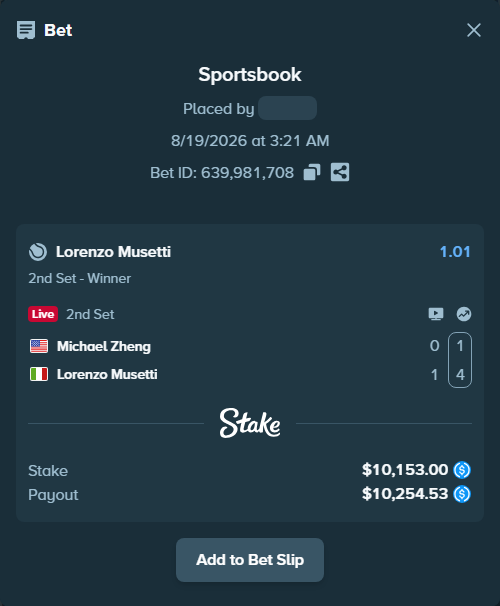 Bet slip: Michael Zheng - Lorenzo Musetti, $10,153.00 stake at 1.01 odds, placed by Arbe7