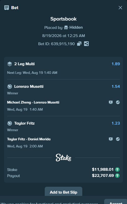 Bet slip: Michael Zheng - Lorenzo Musetti, $12,000.00 stake at 1.54 odds, placed by kaeem