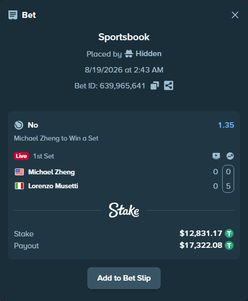 Bet slip: Michael Zheng - Lorenzo Musetti, $12,844.00 stake at 1.35 odds, placed by Hidden