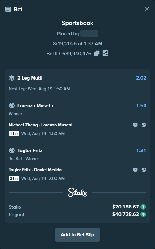 Bet slip: Michael Zheng - Lorenzo Musetti, $20,208.86 stake at 1.54 odds, placed by Davidbushel1