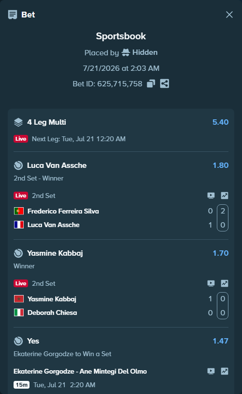 Bet slip: Michael Zheng - Shelbayh, Abdullah, $10,000.00 stake at 1.20 odds, placed by Hidden