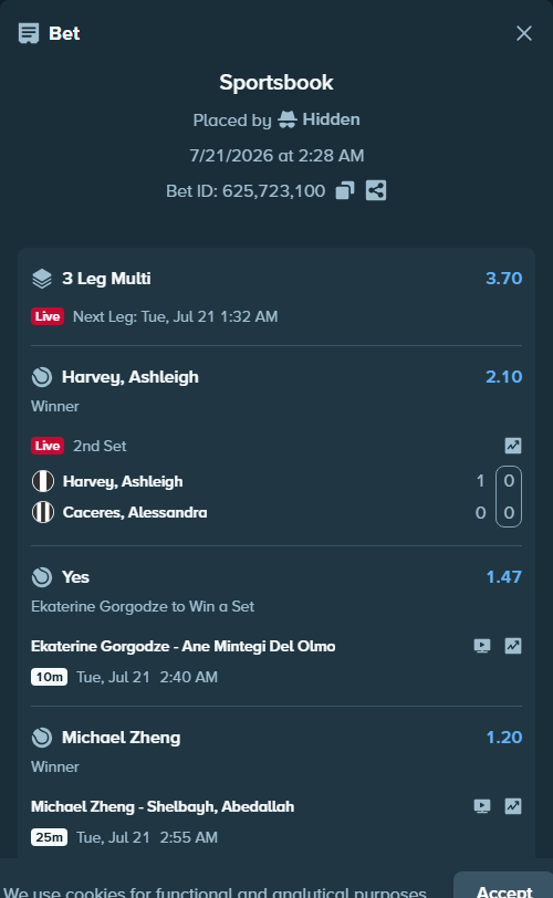 Bet slip: Michael Zheng - Shelbayh, Abdullah, $10,000.00 stake at 1.20 odds, placed by Hidden