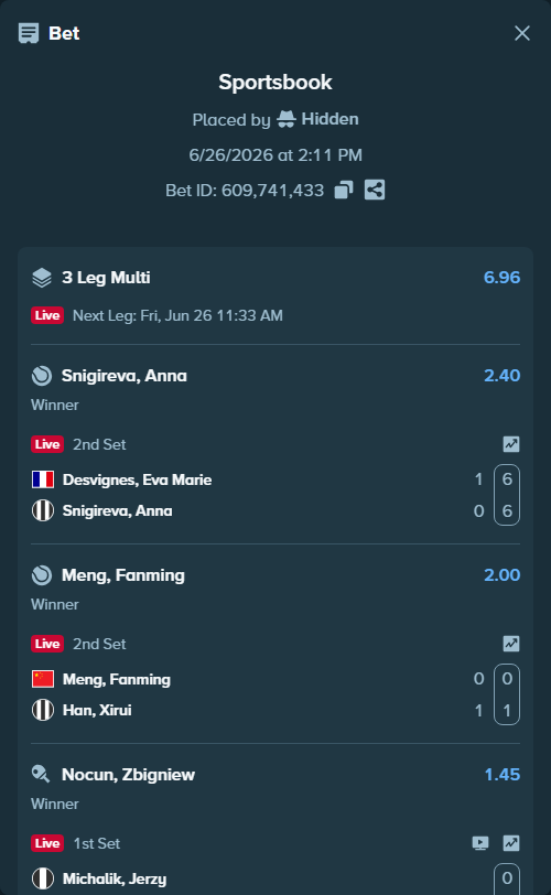 Bet slip: Michalik, Jerzy - Nocun, Zbigniew, $11,088.47 stake at 1.45 odds, placed by Hidden