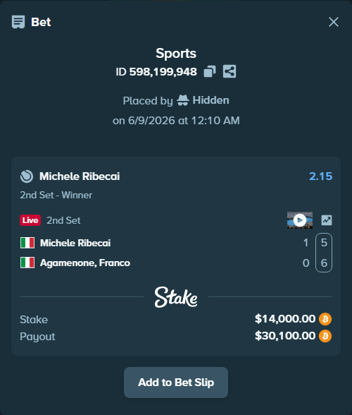 Bet slip: Michele Ribecai - Agamenone, Franco, $14,112.72 stake at 2.15 odds, placed by Hidden