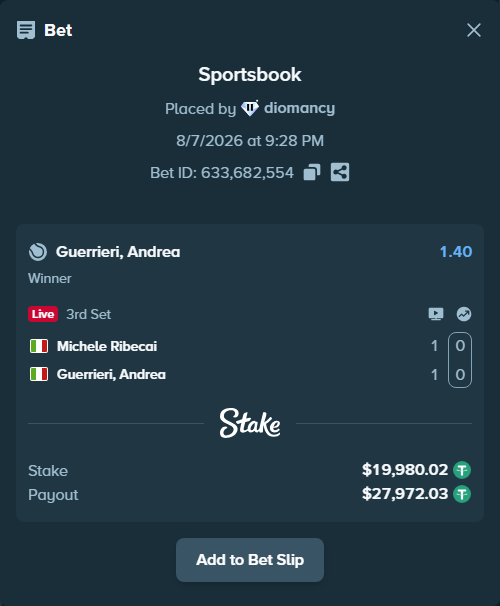 Bet slip: Michele Ribecai - Guerrieri, Andrea, $20,000.00 stake at 1.40 odds, placed by diomancy