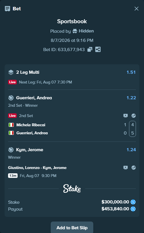 Bet slip: Michele Ribecai - Guerrieri, Andrea, $300,000.00 stake at 1.22 odds, placed by Hidden