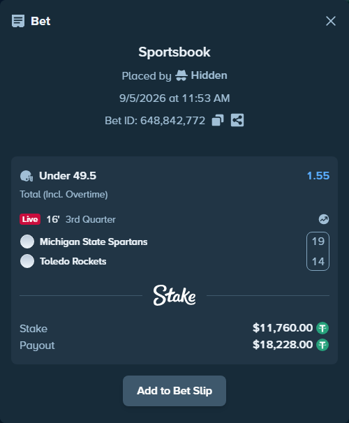 Bet slip: Michigan State Spartans - Toledo Rockets, $11,757.65 stake at 1.55 odds, placed by Hidden