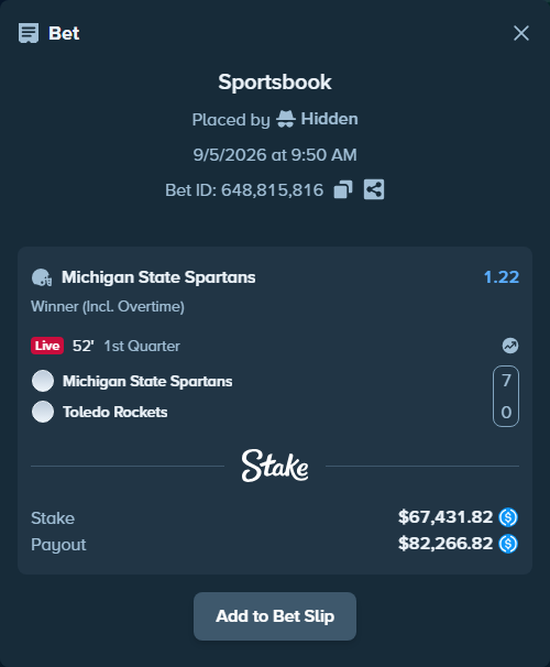 Bet slip: Michigan State Spartans - Toledo Rockets, $67,431.82 stake at 1.22 odds, placed by Hidden