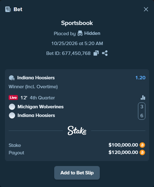 Bet slip: Michigan Wolverines - Indiana Hoosiers, $100,293.03 stake at 1.20 odds, placed by Hidden