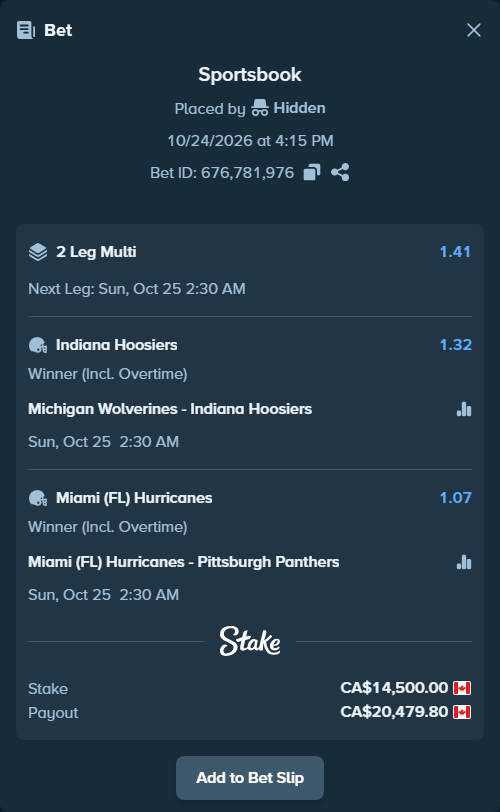 Bet slip: Michigan Wolverines - Indiana Hoosiers, $10,730.00 stake at 1.32 odds, placed by Hidden