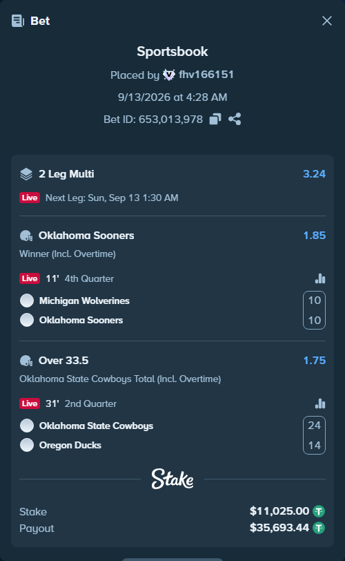 Bet slip: Michigan Wolverines - Oklahoma Sooners, $11,025.00 stake at 1.85 odds, placed by fhv166151