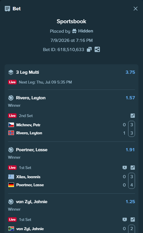 Bet slip: Michnev, Petr - Rivera, Leyton, $10,000.00 stake at 1.57 odds, placed by Hidden