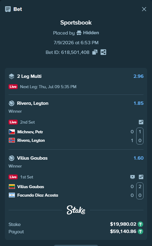 Bet slip: Michnev, Petr - Rivera, Leyton, $20,000.00 stake at 1.85 odds, placed by Hidden