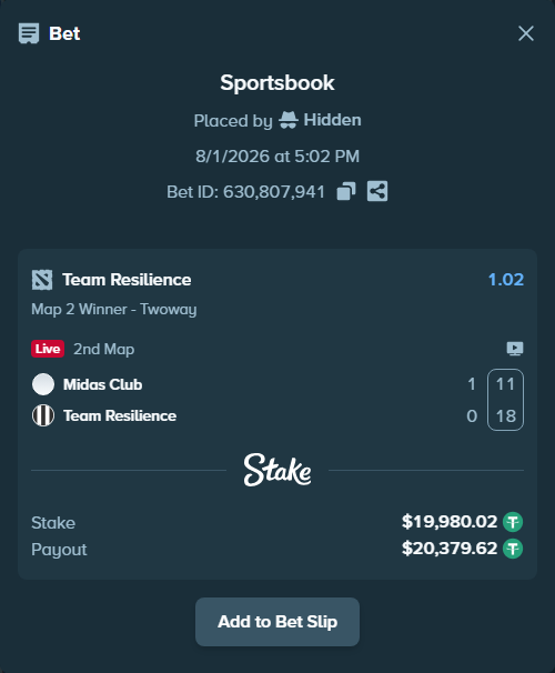 Bet slip: Midas Club - Team Resilience, $20,000.00 stake at 1.02 odds, placed by Hidden