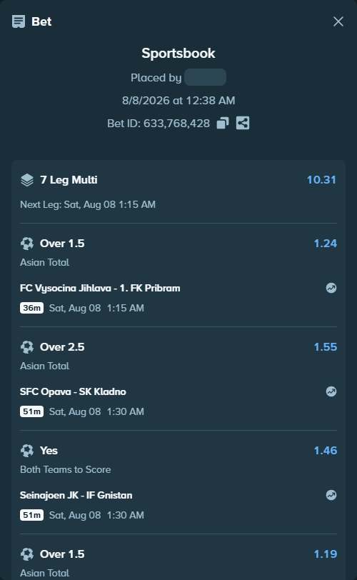 Bet slip: Middelfart BK - Brabrand IF, $10,337.49 stake at 1.19 odds, placed by Kaidou827