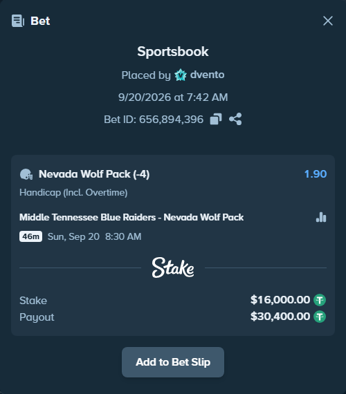 Bet slip: Middle Tennessee State Blue Raiders - Nevada Wolf Pack, $16,000.00 stake at 1.90 odds, placed by dvento