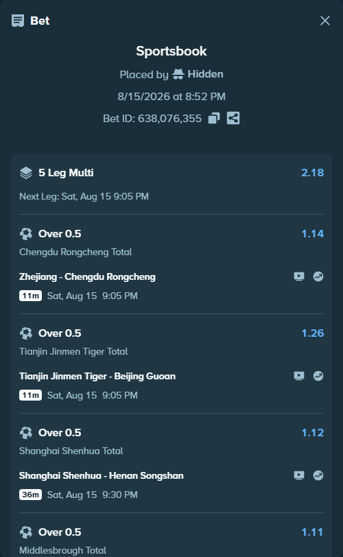Bet slip: Middlesbrough - Lincoln, $10,140.27 stake at 1.11 odds, placed by Hidden