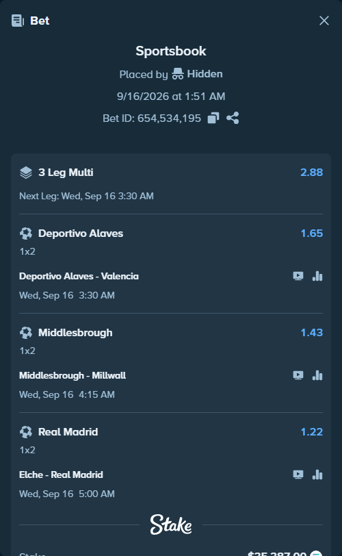 Bet slip: Middlesbrough - Millwall, $35,140.09 stake at 1.43 odds, placed by Hidden