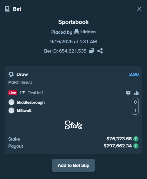 Bet slip: Middlesbrough - Millwall, $76,400.00 stake at 3.90 odds, placed by Hidden