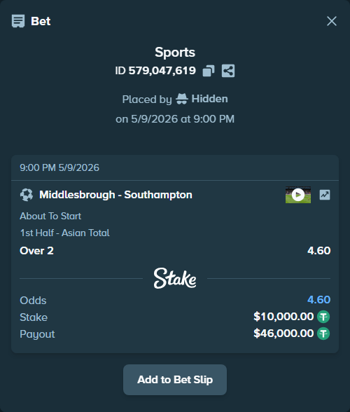 Bet slip: Middlesbrough - Southampton, $10,000.00 stake at 4.60 odds, placed by Hidden