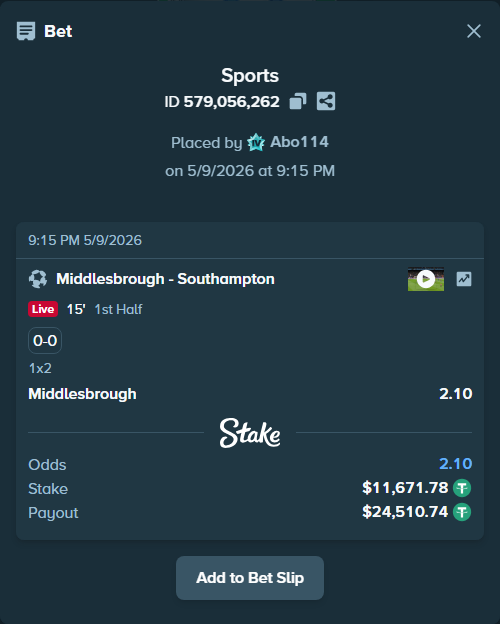 Bet slip: Middlesbrough - Southampton, $11,671.78 stake at 2.10 odds, placed by Abo114