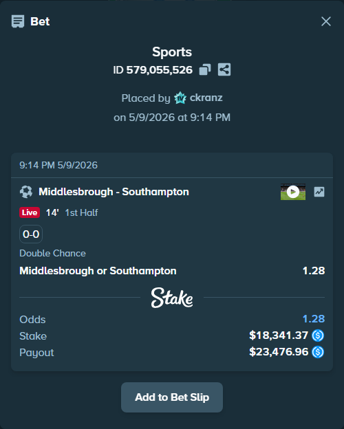 Bet slip: Middlesbrough - Southampton, $18,341.37 stake at 1.28 odds, placed by ckranz