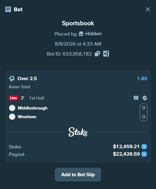 Bet slip: Middlesbrough - Wrexham, $12,459.21 stake at 1.80 odds, placed by Hidden