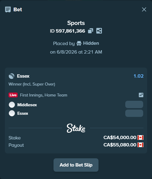 Bet slip: Middlesex - Essex, $39,960.00 stake at 1.02 odds, placed by Hidden
