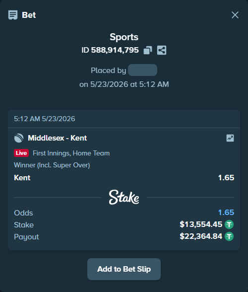Bet slip: Middlesex - Kent, $13,568.00 stake at 1.65 odds, placed by Rasada355