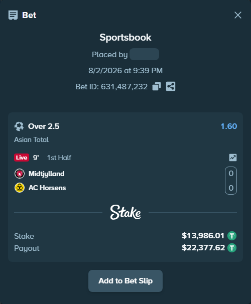 Bet slip: Midtjylland - AC Horsens, $14,000.00 stake at 1.60 odds, placed by tlwns4736