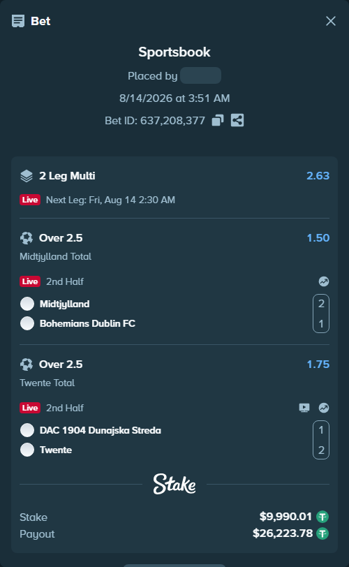 Bet slip: Midtjylland - Bohemians Dublin FC, $10,000.00 stake at 1.50 odds, placed by tlwns4736