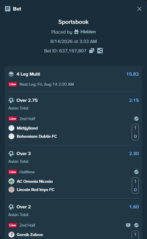 Bet slip: Midtjylland - Bohemians Dublin FC, $18,000.00 stake at 2.15 odds, placed by Hidden