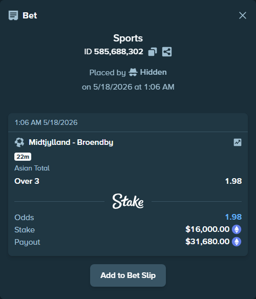 Bet slip: Midtjylland - Broendby, $12,702.22 stake at 1.98 odds, placed by Hidden