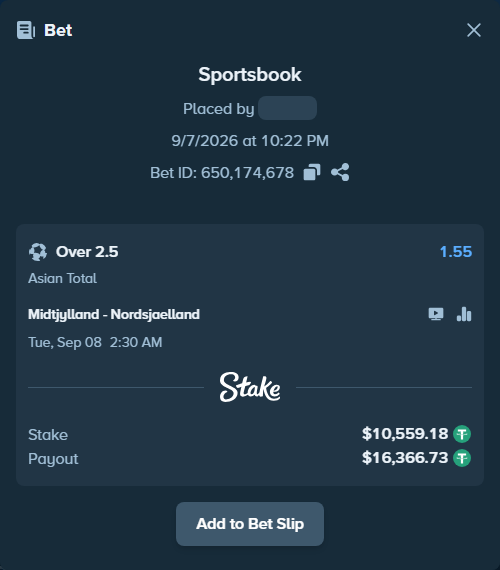 Bet slip: Midtjylland - Nordsjaelland, $10,559.18 stake at 1.55 odds, placed by offlinedota754