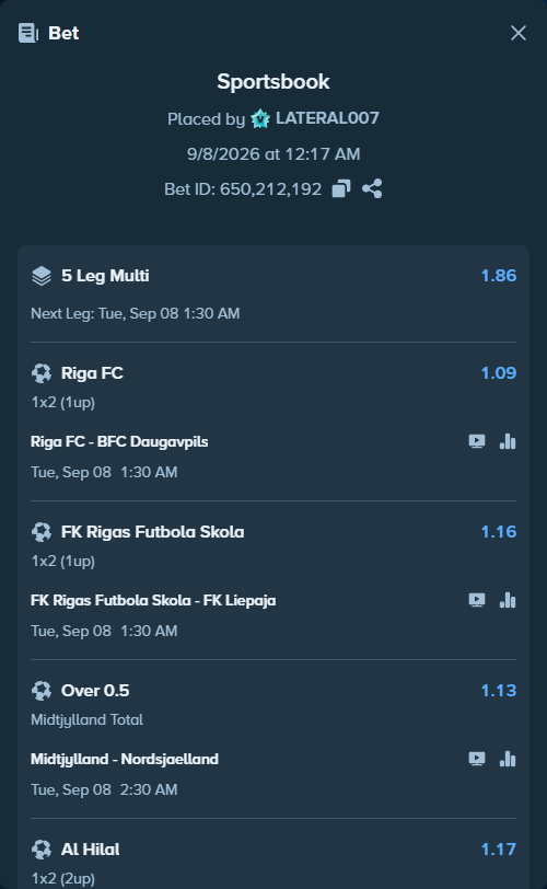Bet slip: Midtjylland - Nordsjaelland, $20,949.00 stake at 1.13 odds, placed by LATERAL007