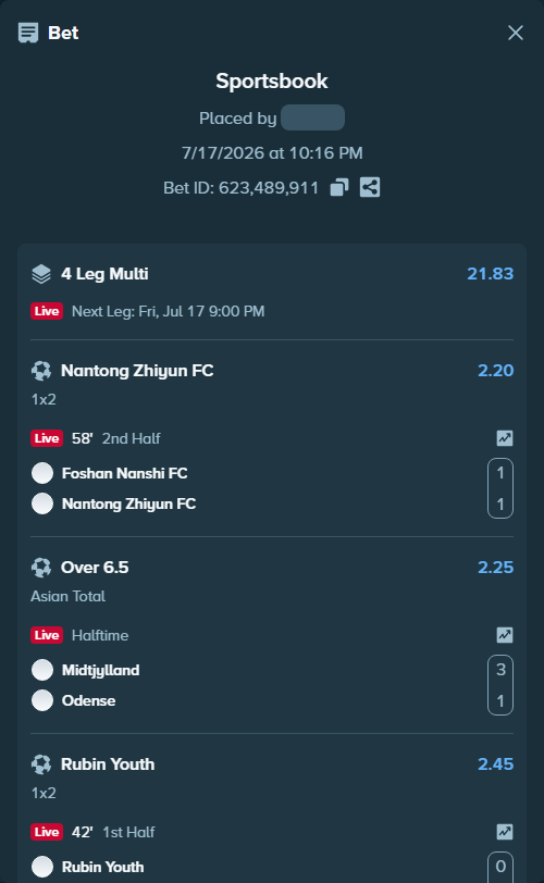 Bet slip: Midtjylland - Odense, $17,460.26 stake at 2.25 odds, placed by kabic555
