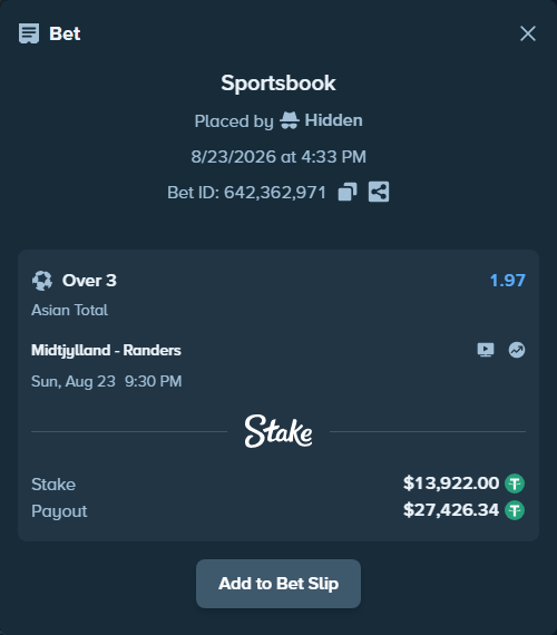Bet slip: Midtjylland - Randers, $13,922.00 stake at 1.97 odds, placed by Hidden